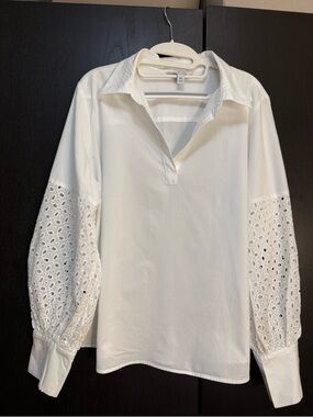 Nine West White Eyelet Balloon Sleeve Popover Blouse